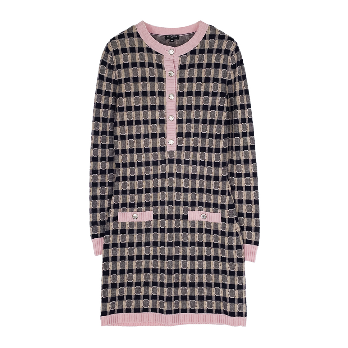 샤넬 체크 니트 드레스 34 핑크 & 네이비 (6ET0952)(Chanel Checked Knit Dress Pink & Navy (6ET0952))