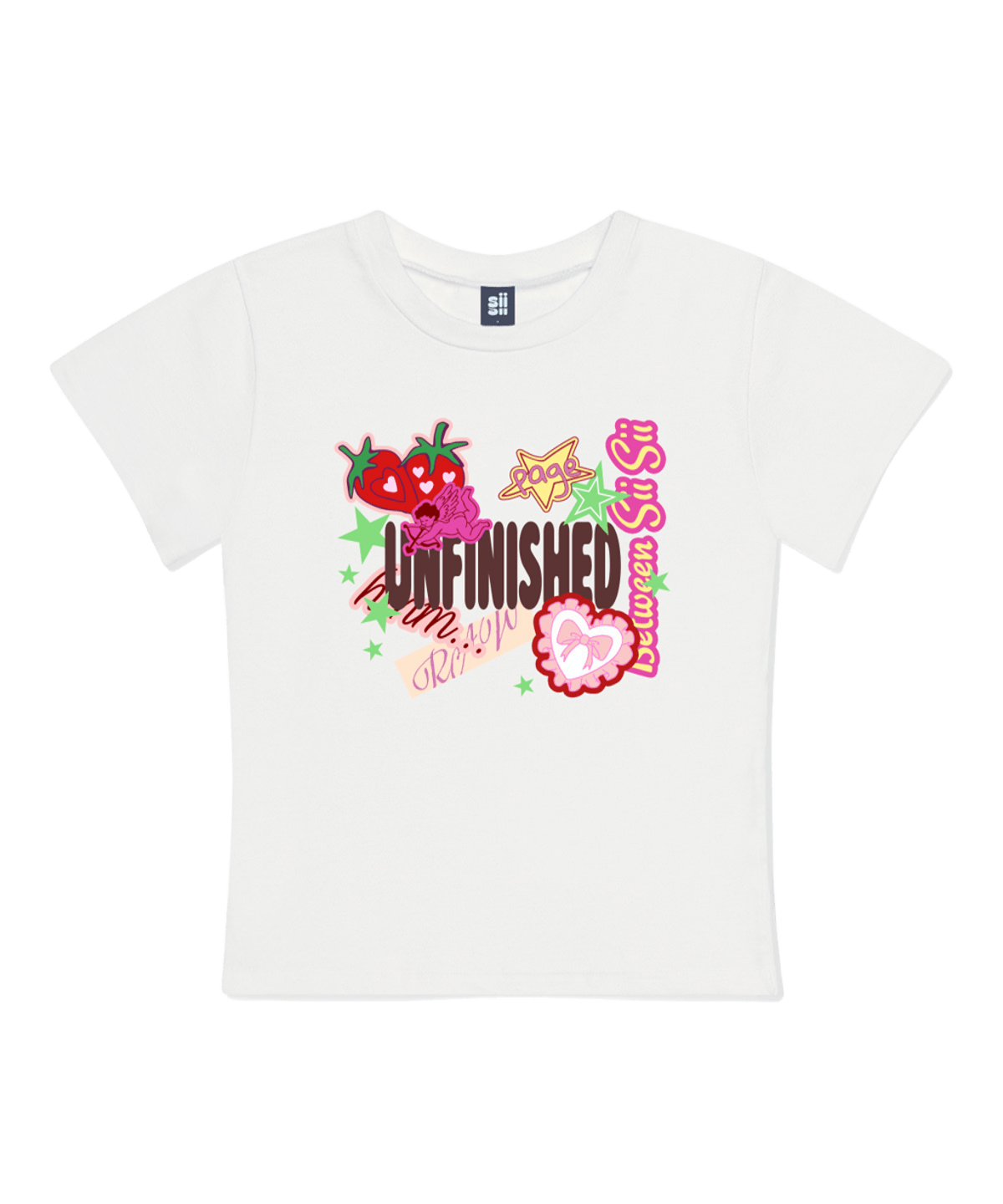 P261OTS056WH pagesiisii Unfinished Stickers Print Short Sleeve T-Shirt White