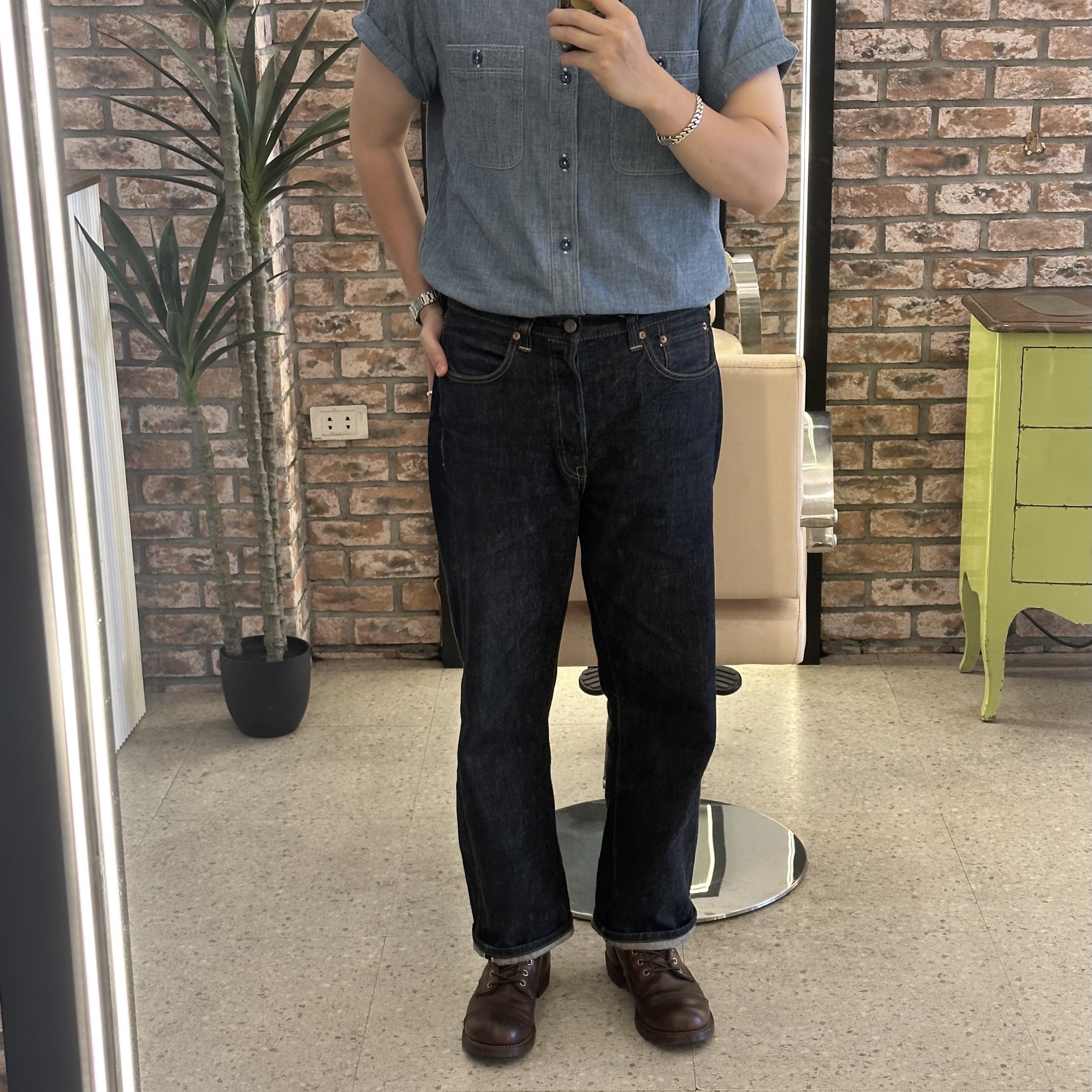 Red Wing Iron Ranger 8111 Amber Harness - D, Fullcount 1101W Straight Denim One Wash Indigo Blue 착용 스타일 - 1