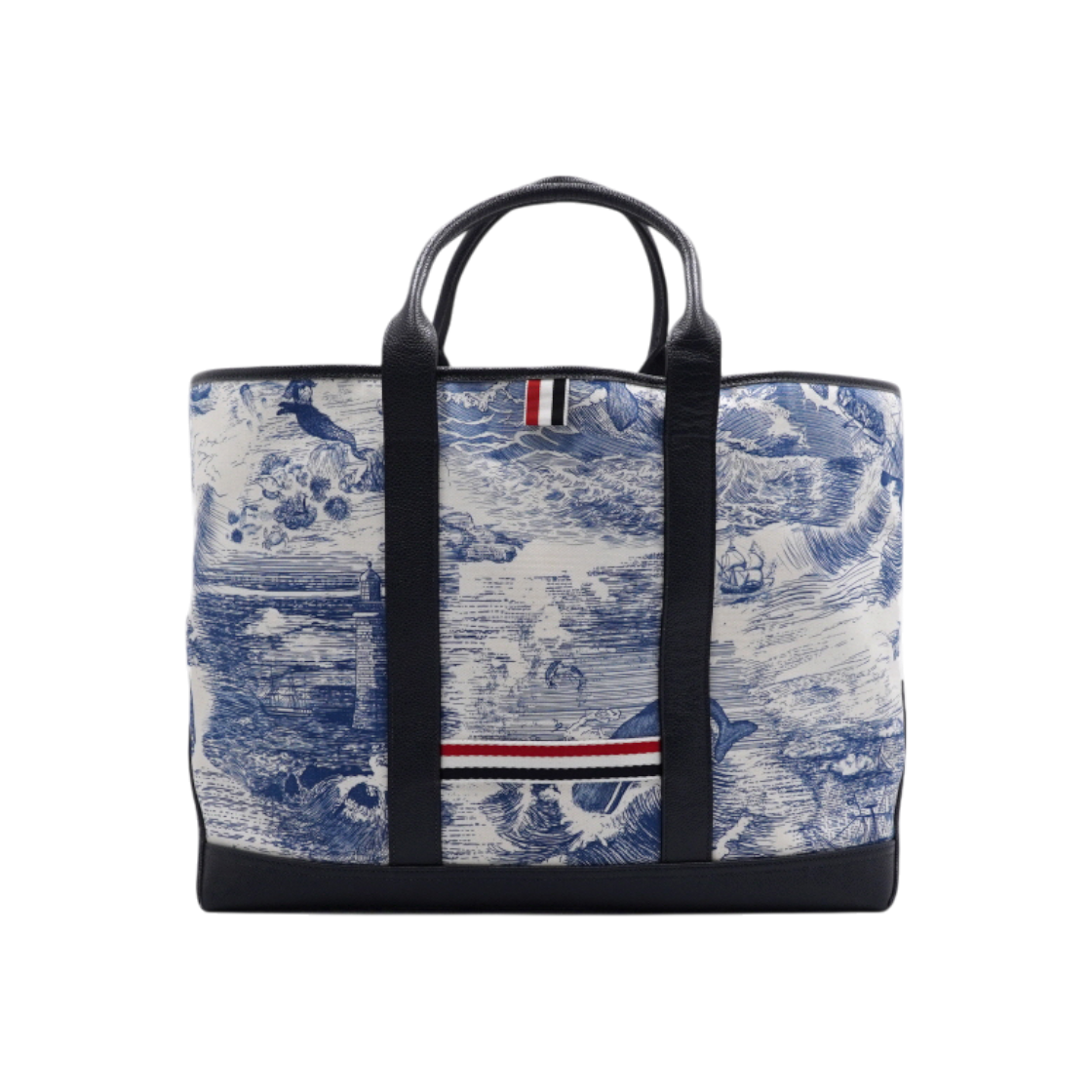ITFDE2A63R5R Thom Browne Blue Nautical Print Canvas Leather Medium Tote Bag
