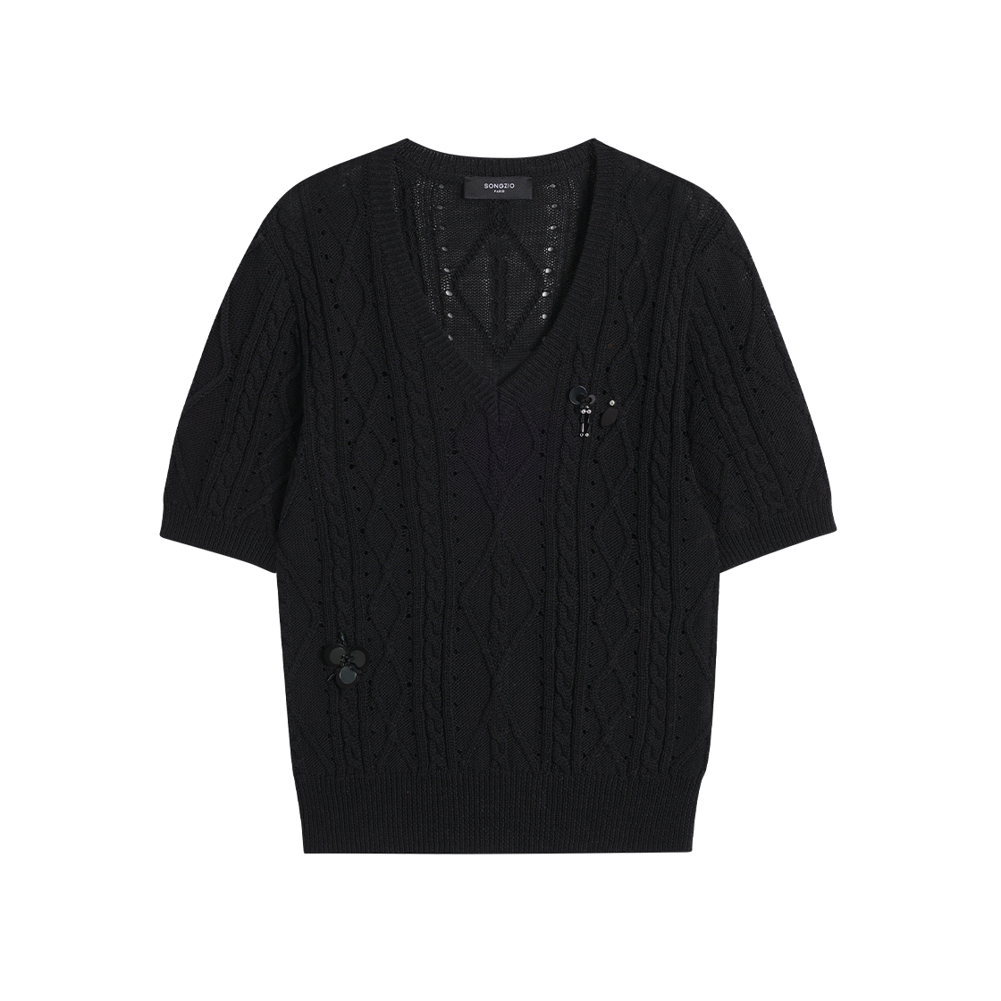 (W) 송지오 오키드 세퀸 브이넥 니트 블랙((W) SONGZIO Orchid Sequin V Neck Knit Black) - 1