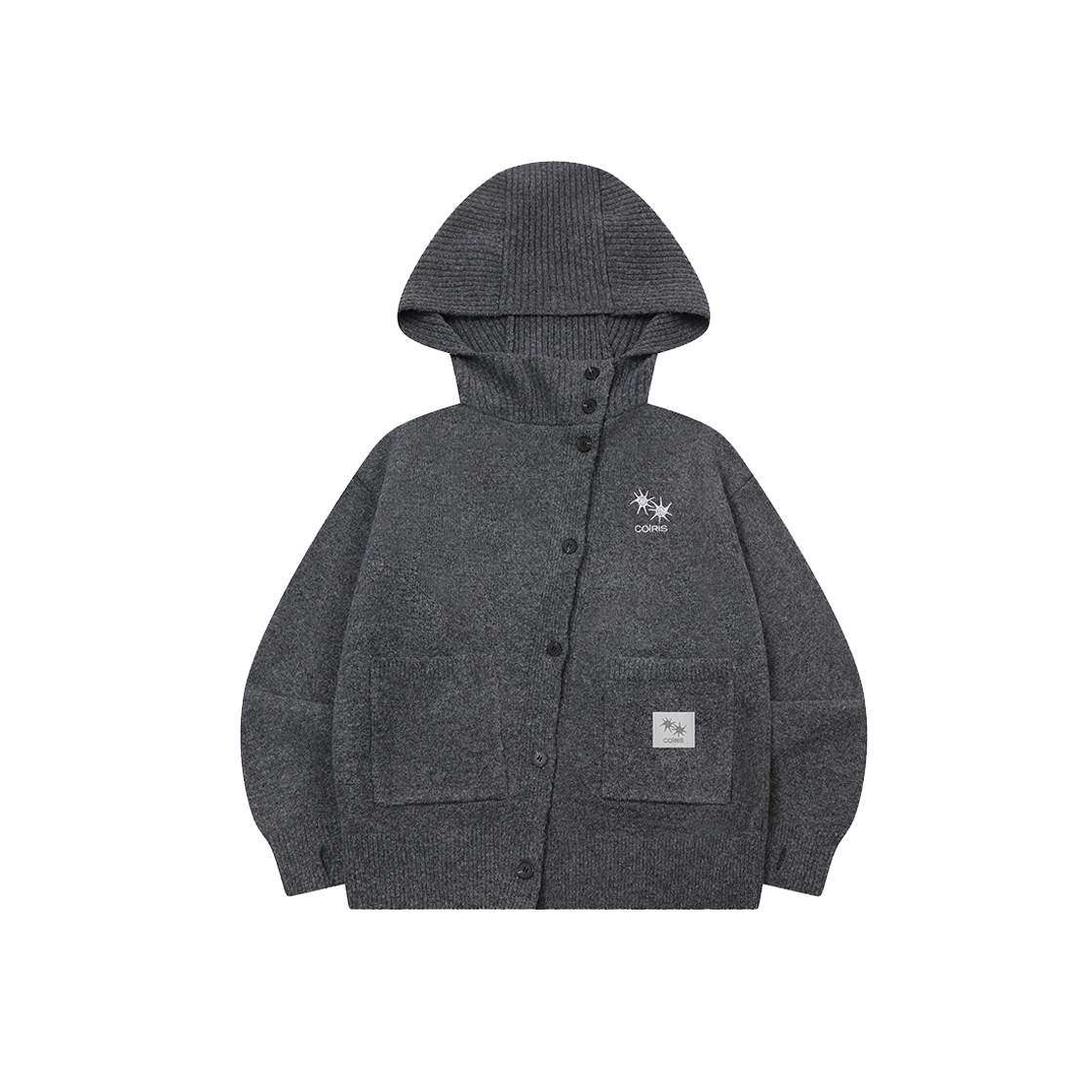 C-P00000FC Coiris Jonny Slanted Button High Neck Hood Knit Cardigan Charcoal