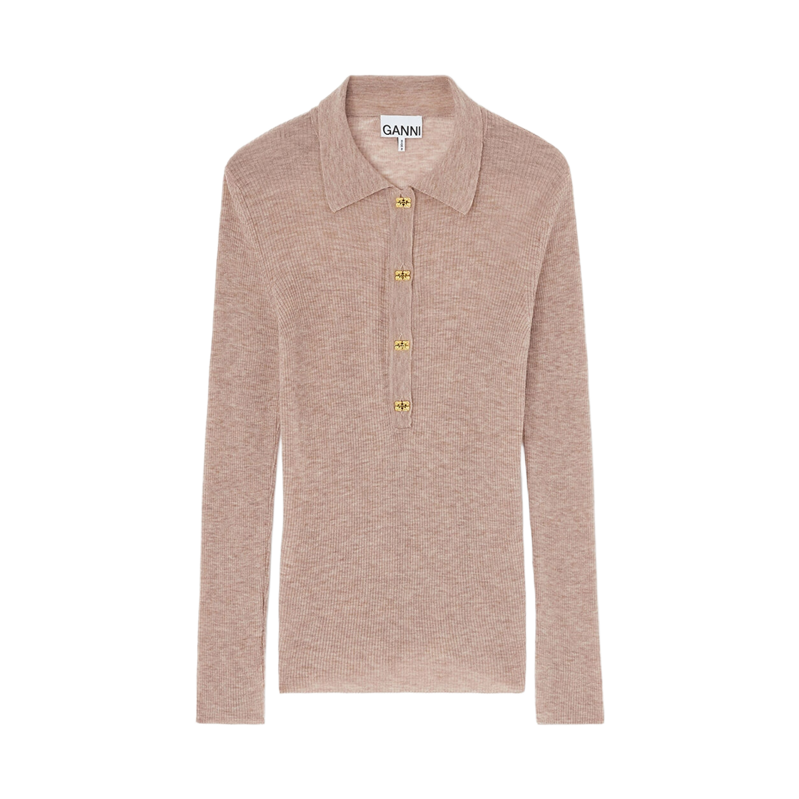 A1070281-883 (W) Ganni Sheer Wool Polo Shirt Safari