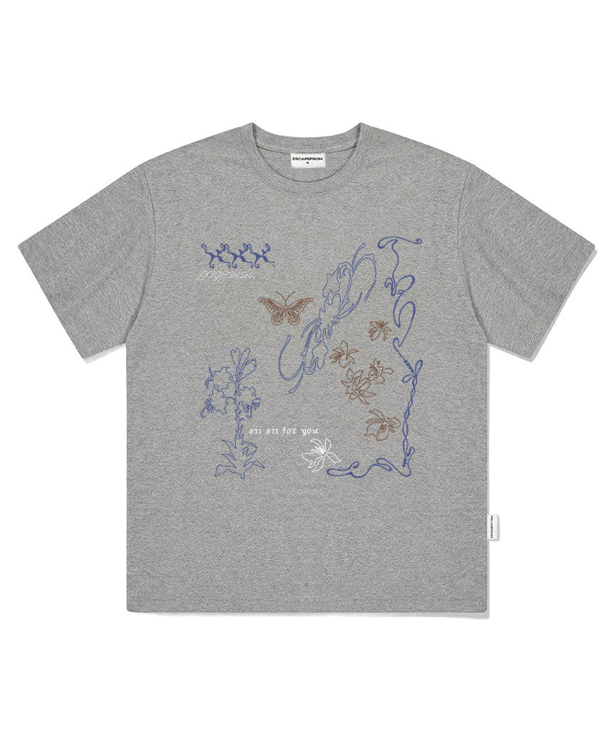 P261OTS079GR pagesiisii Line Hand Drawing Print Short Sleeve T-Shirt Melange Gray