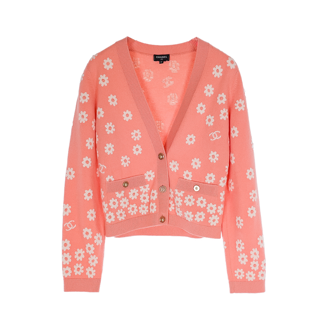 샤넬 22P 데이지 캐시미어 가디건 34 라이트핑크 & 화이트 (6ET0950)(Chanel 22P Daisy Cashmere Cardigan Light Pink & White (6ET0950)) - 1