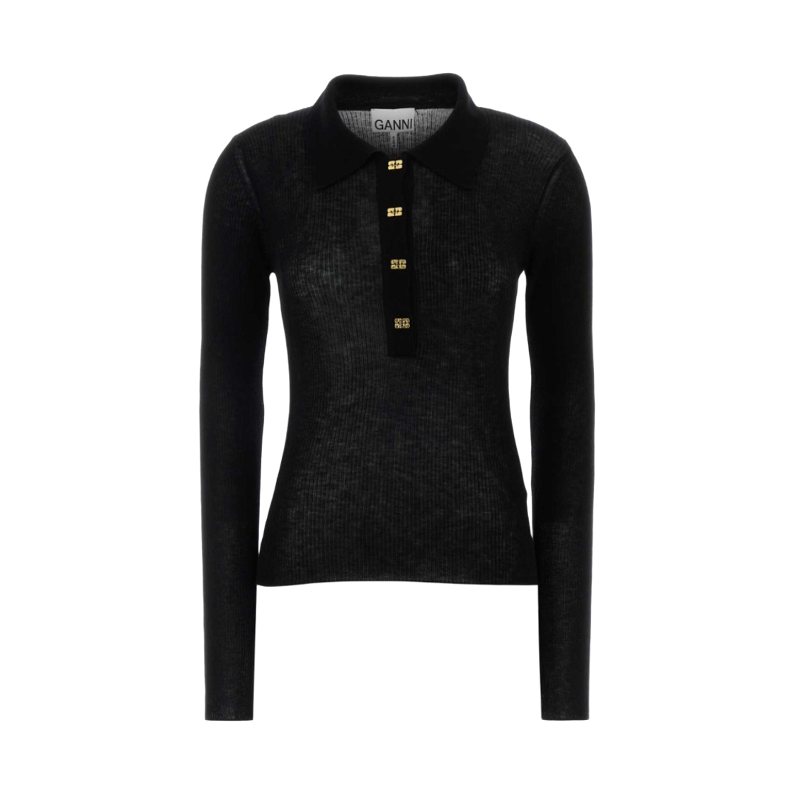 A1070260-099 (W) Ganni Sheer Wool Ribbed Polo Top Black