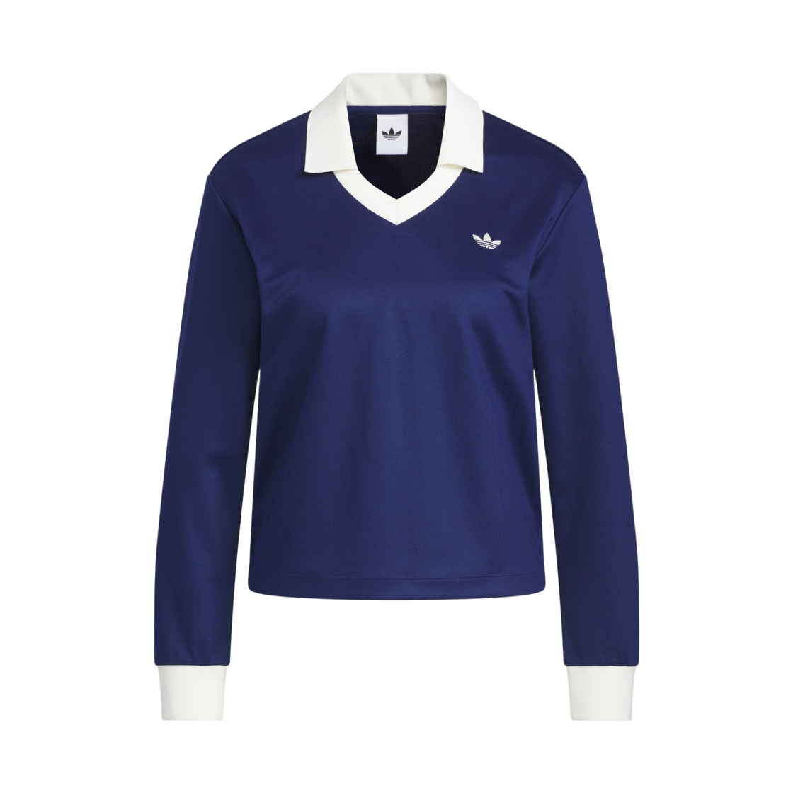 (W) 아디다스 오리지널스 브이넥 롱슬리브 티셔츠 다크 블루 클라우드 화이트 - KR 사이즈((W) Adidas Originals V-Neck Long Sleeve T-Shirt Dark Blue Cloud White - KR Sizing)