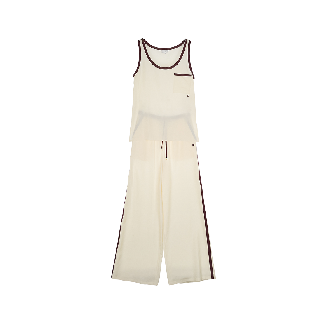 샤넬 26P 실크 슬리브리스 & 팬츠 SET 34 아이보리/브라운 (6ET0981)(Chanel 26P Silk Sleeveless Top & Pants Set Ivory & Brown (6ET0981)) - 1