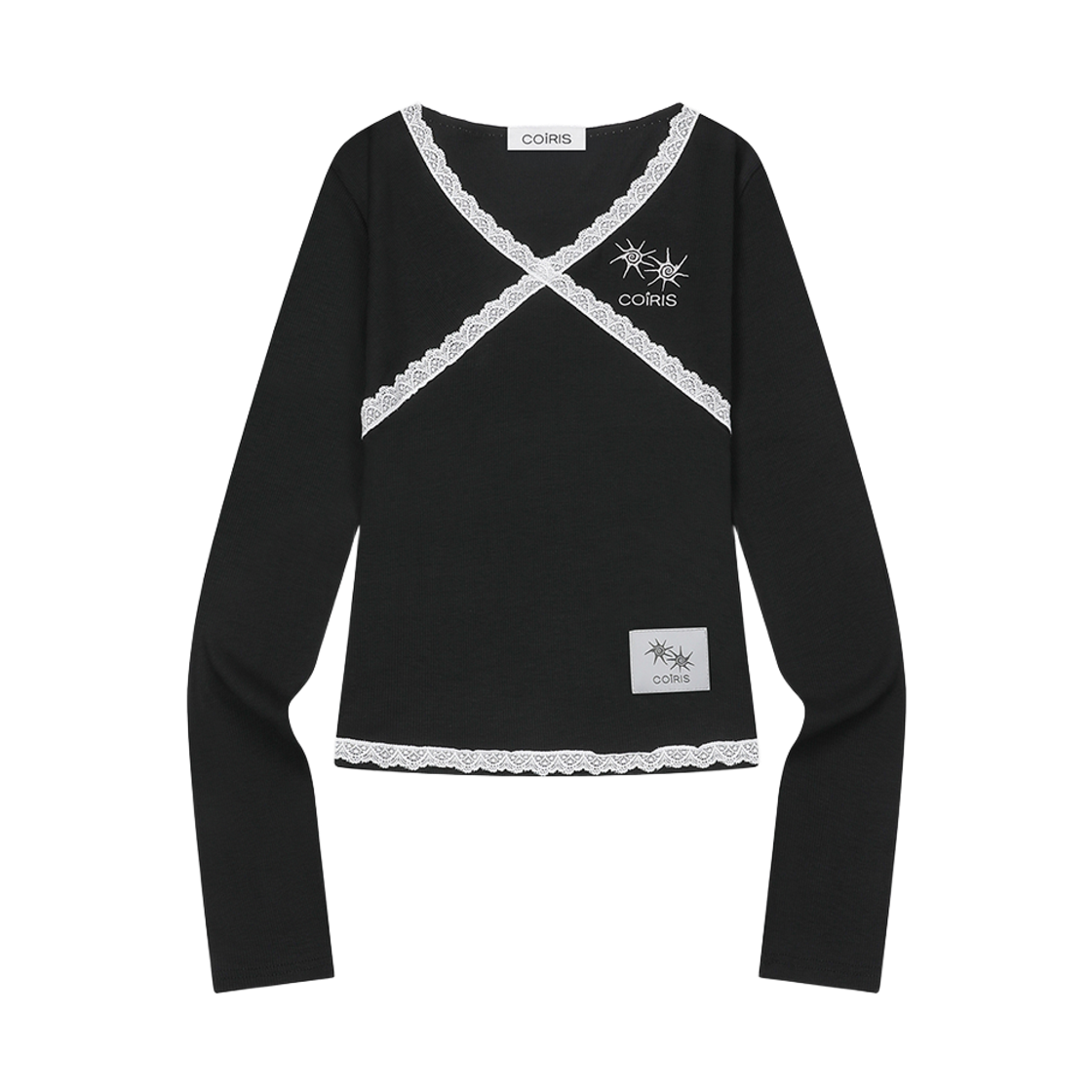 C-P00000GH Coiris Rase Lace Cross V-Neck Long Sleeve T Black