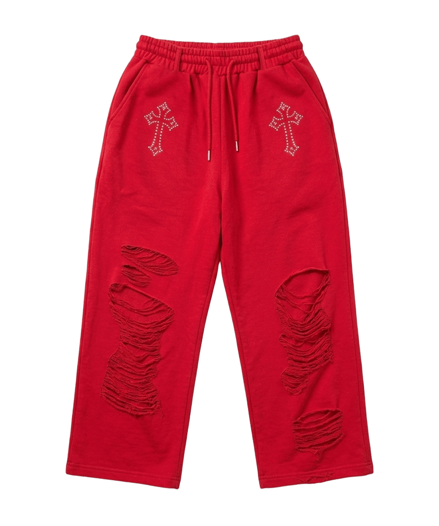 E261DSP008RD Escapefrom Cross Hotfix Distressed Point Sweatpants Red