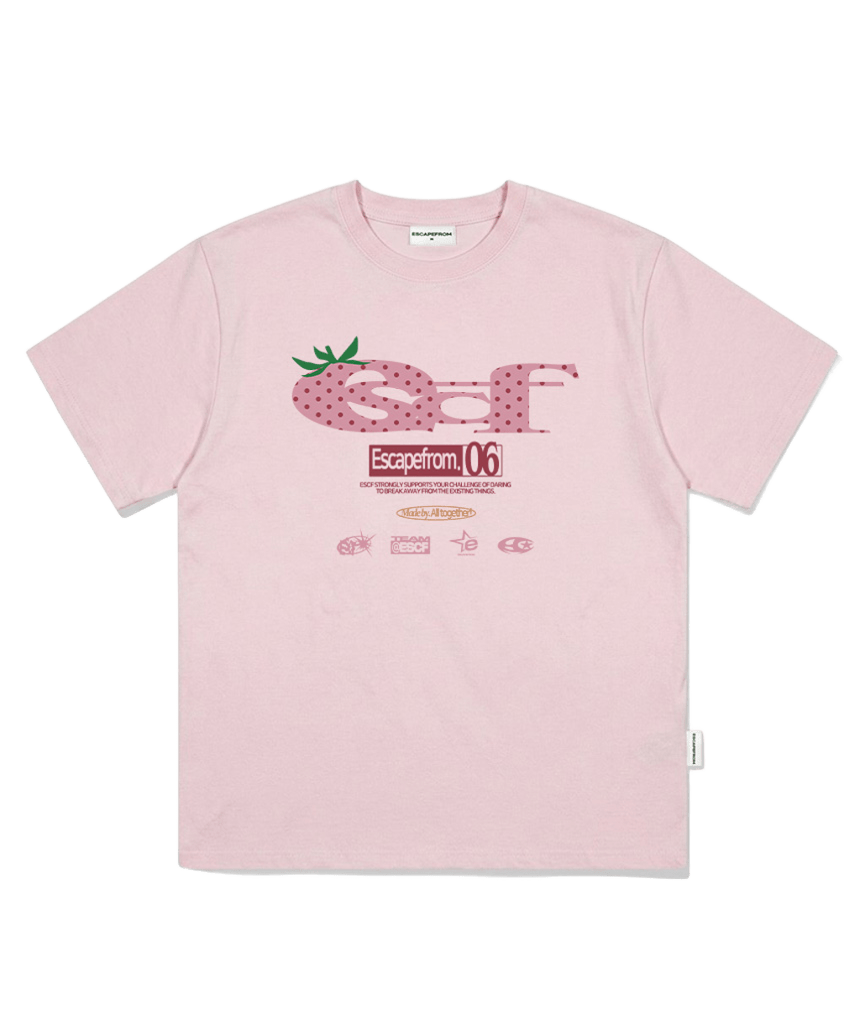 E261OTS139PN Strawberry Dot ESCF Logo Collage Print Oversized T-Shirt Pink