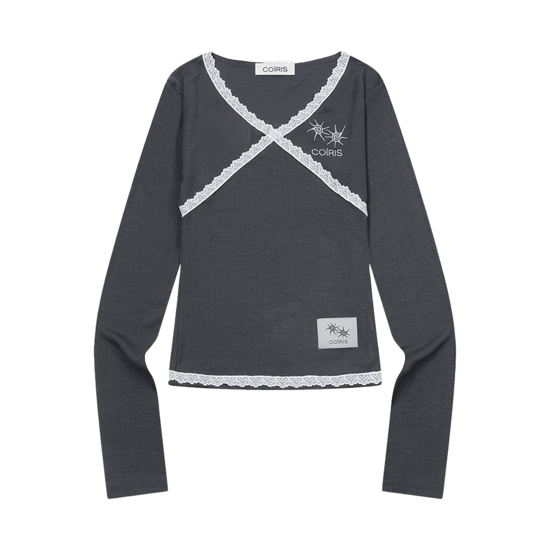 C-P00000GH Coiris Rase Lace Cross V-Neck Long Sleeve T Charcoal