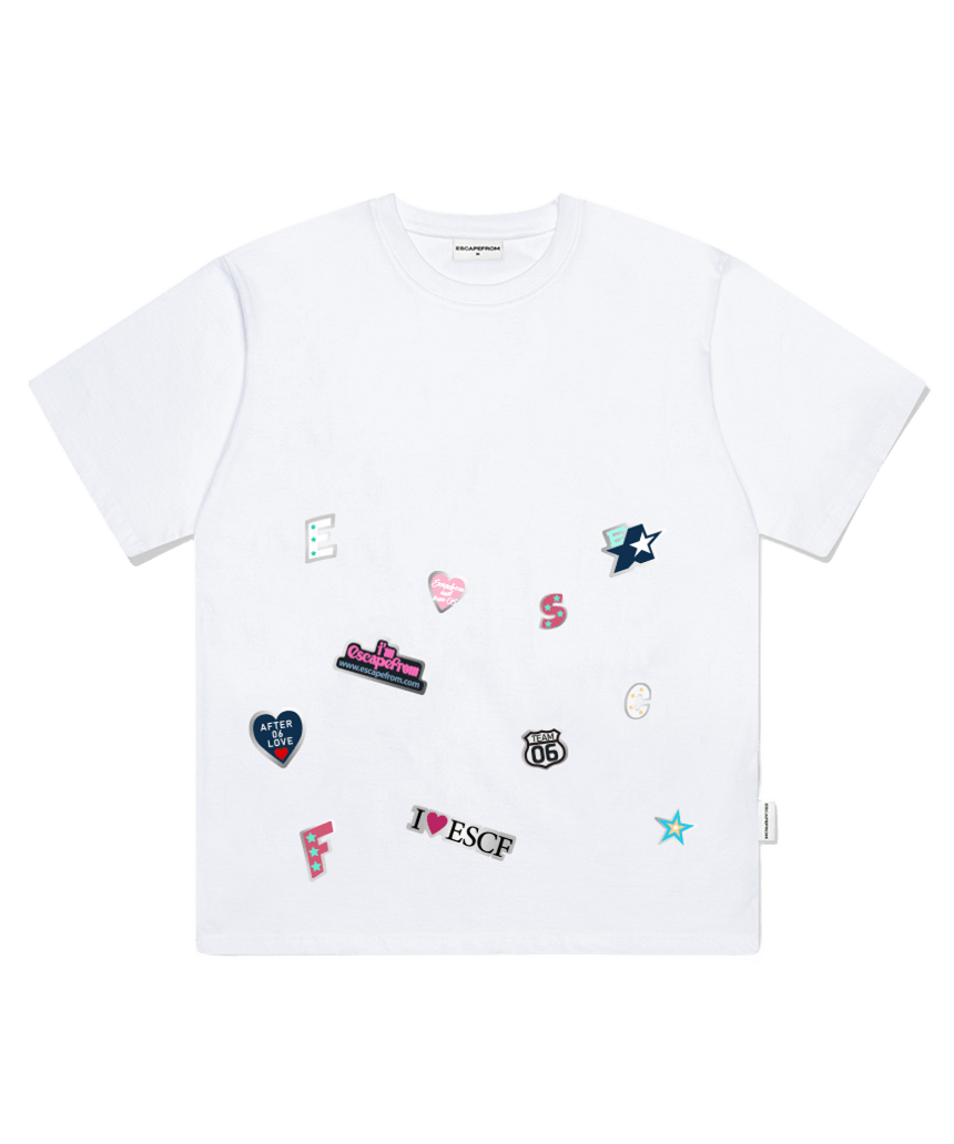 E261OTS145WH Escapefrom Symbol Collage Patch Print Oversized T-Shirt White
