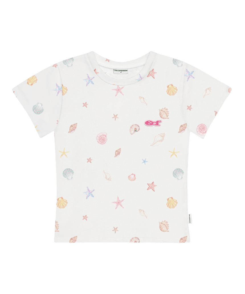 이스케이프프롬 와펜 포인트 컬러풀 쉘 풀프린트 슬림핏 반팔티 아이보리(Escapefrom Wappen Point Colorful Shell All-Over Print Slim Fit T-Shirt Ivory)