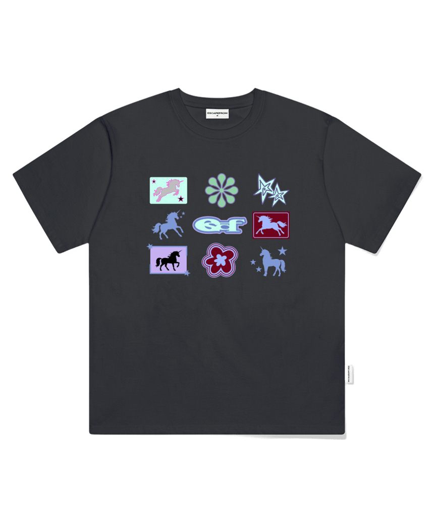 E261OTS172CG Escapefrom Unicorn Bingo Print Oversized T-Shirt Charcoal
