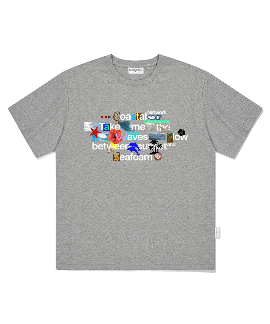 E261OTS169GR Escapefrom Summer Ocean Collage Print Oversized T-Shirt Gray