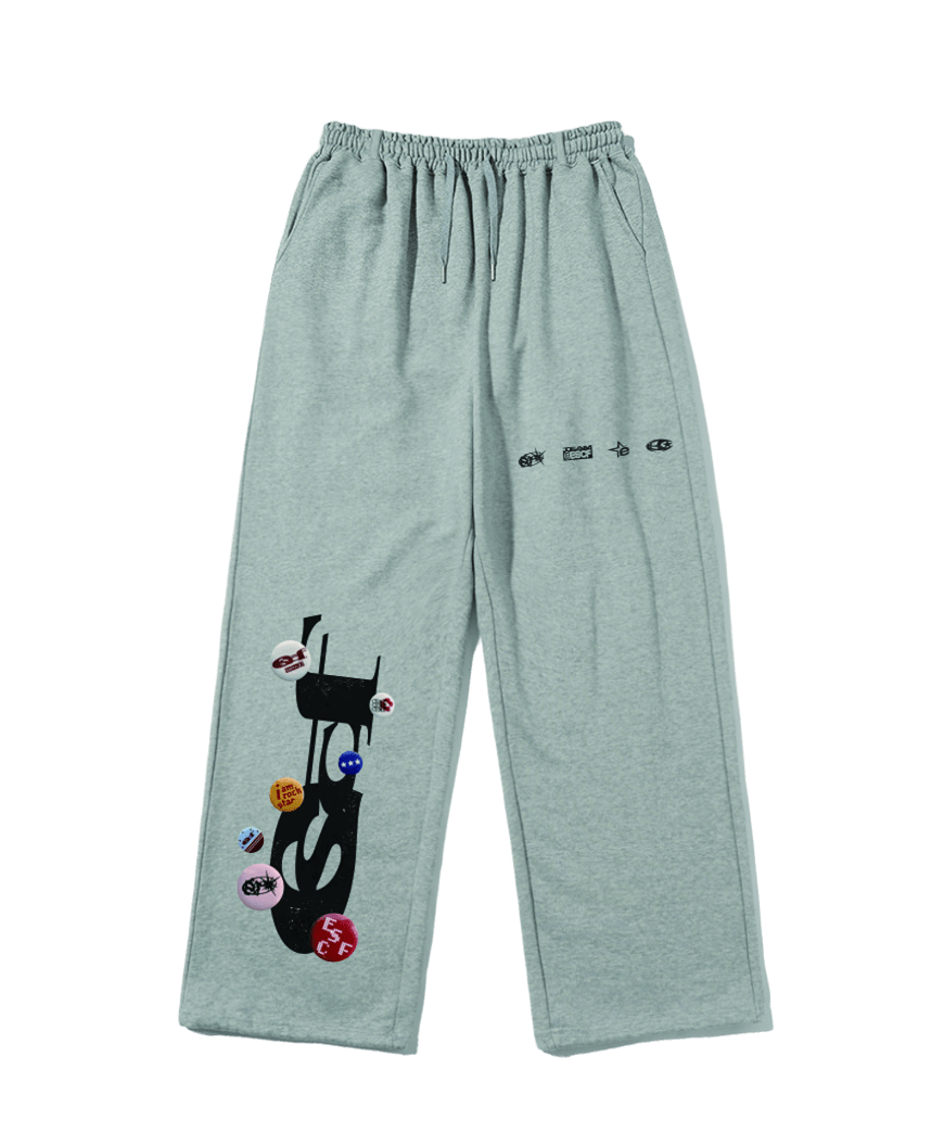 E261SP017GR Escapefrom Pin Button ESCF Logo Collage Print Sweatpants Gray