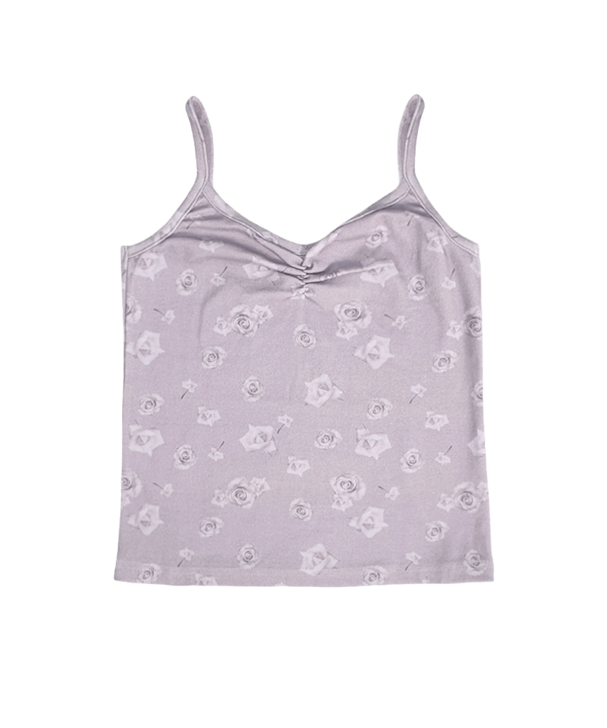 E261SL020RR Escapefrom Big Rose Bouquet All-Over Print Shirring Point Contrast Sleeveless Top Purple
