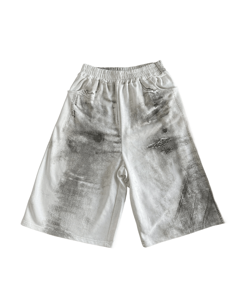 E261BT001RR Escapefrom Reverse Washed Denim Printed Bermuda Sweatpants White