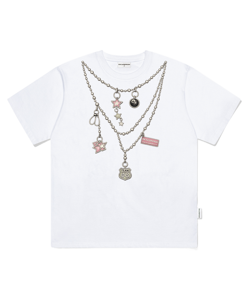 E261OTS131WH Escapefrom Kitsch Charm Necklace Print Oversized T-Shirt White
