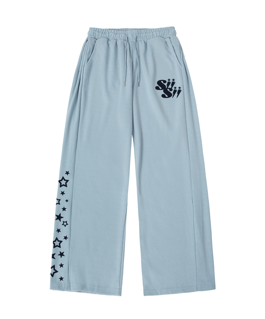 페이지시시 썬더 스타 시시 프린트 옆턱 와이드 스웻 팬츠 라이트블루(pagesiisii Thunder Star SiiSii Print Wide-Leg Sweatpants Light Blue)