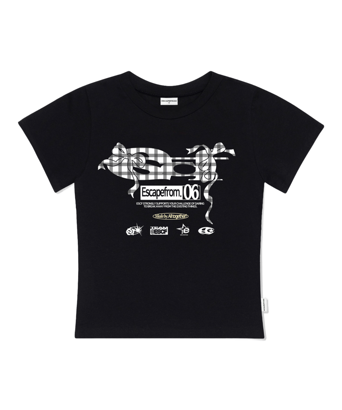 E261STS080BK Escapefrom Check Ribbon ESCF Logo Collage Print Slim Fit T-Shirt Black
