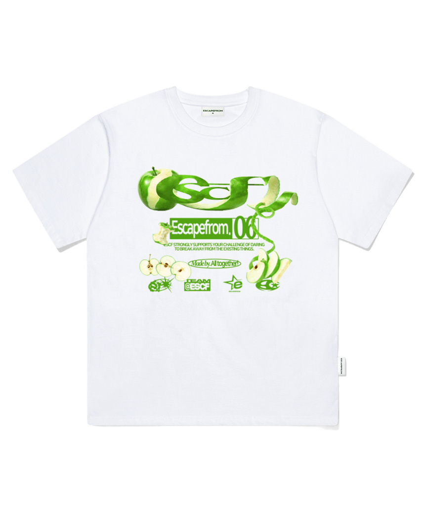 E261OTS100WH Escapefrom Green Apple ESCF Logo Collage Print Oversized T-Shirt White