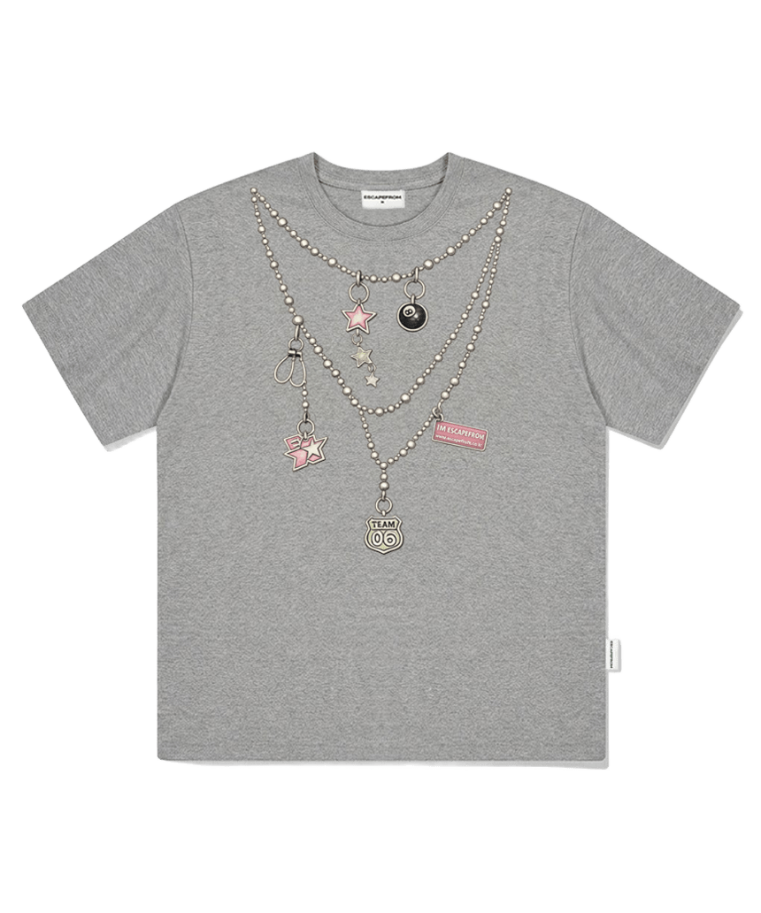 E261OTS132GR Escapefrom Kitsch Charm Necklace Print Oversized T-Shirt Gray