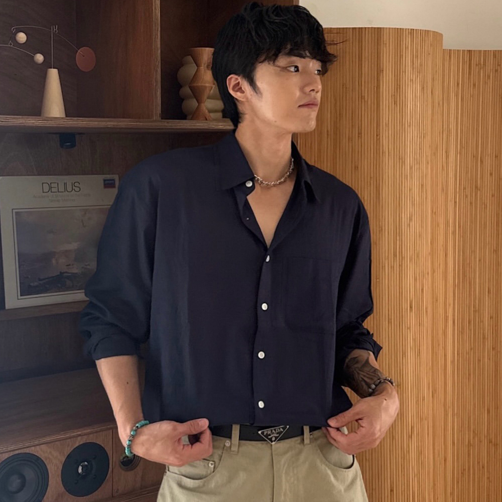 니티드 린넨 크롭 셔츠 네이비(Knitted Linen Crop Shirts Navy) - 2