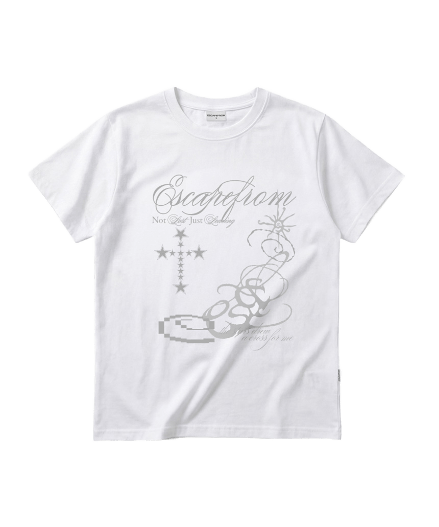 E261NTS016WH Escapefrom Star Cross Print Standard Fit T-Shirt White