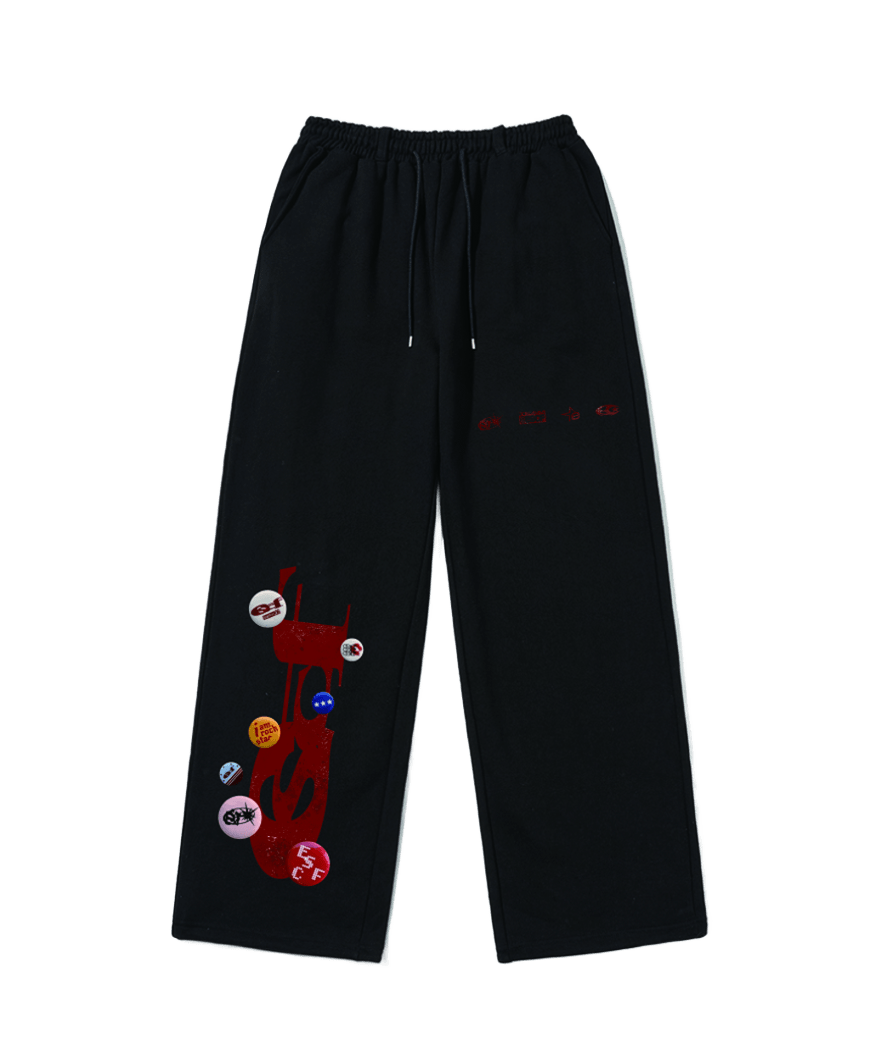 E261SP018BK Escapefrom Pin Button ESCF Logo Collage Print Sweatpants Black