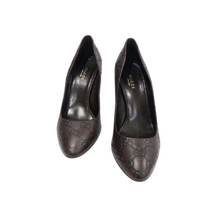 구찌 310184 브라운 시마 레더 ELIZABETH 미드힐 펌프스 여성 구두 37.5(Gucci Elizabeth Mid-Heel Pumps in Brown Sima Leather)
