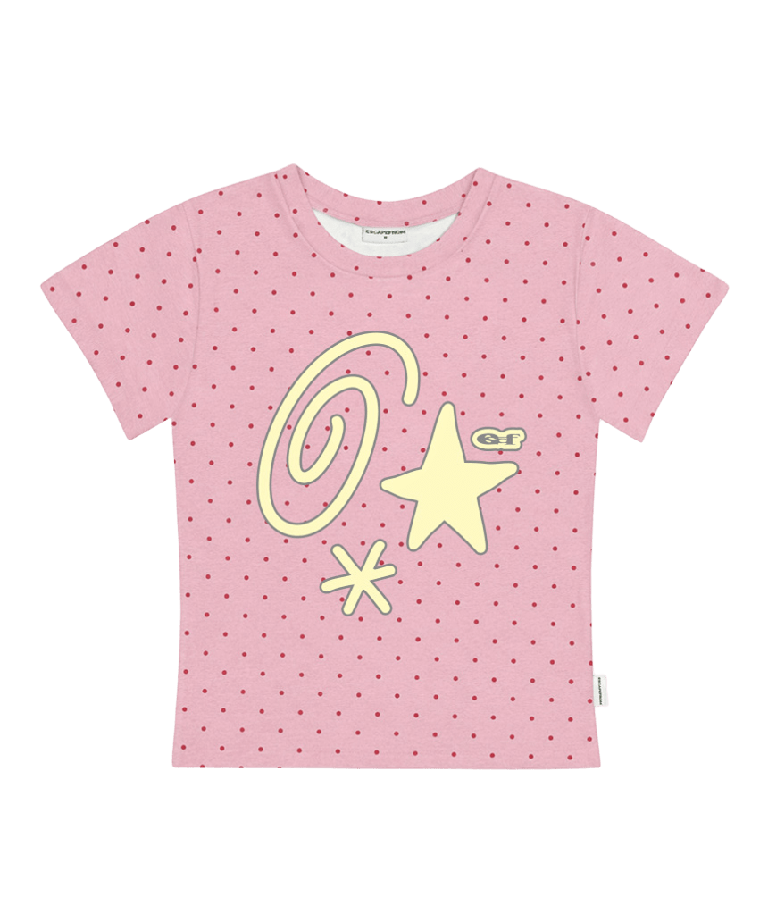 E261STS140RR Escapefrom Kitsch Symbol Print Dot Slim Fit T-Shirt Pink