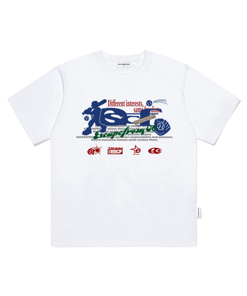 E261OTS059WH Escapefrom  Baseball Player ESCF Logo Collage Print Oversized T-Shirt White