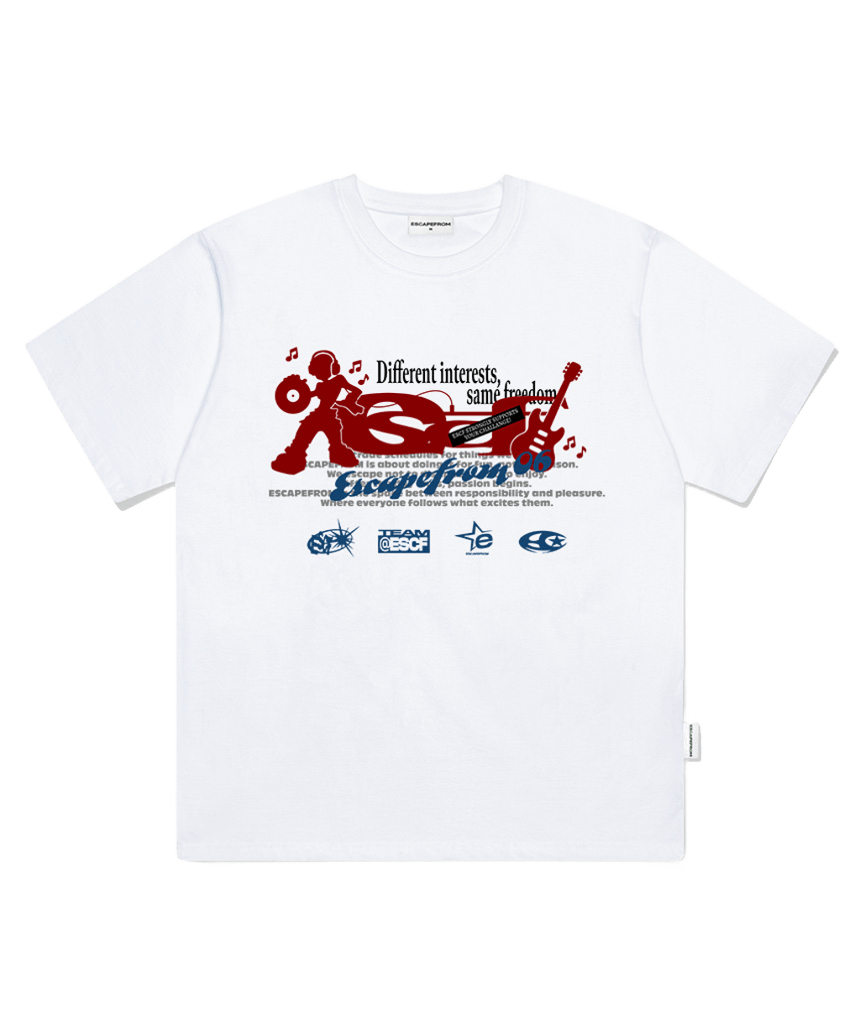 E261OTS053WH Escapefrom Musician ESCF Logo Collage Print Oversized T-Shirt White