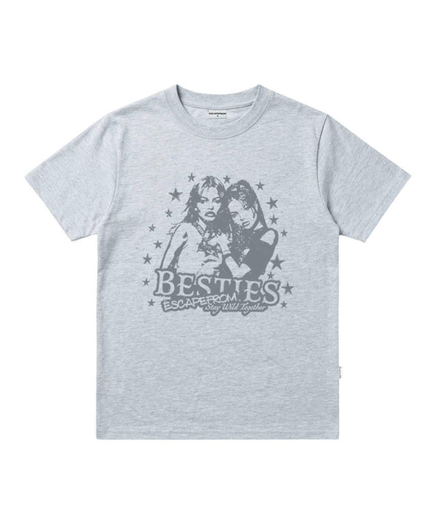 E261NTS015MB Escapefrom Bestie Print Standard Fit T-Shirt Melange Blue