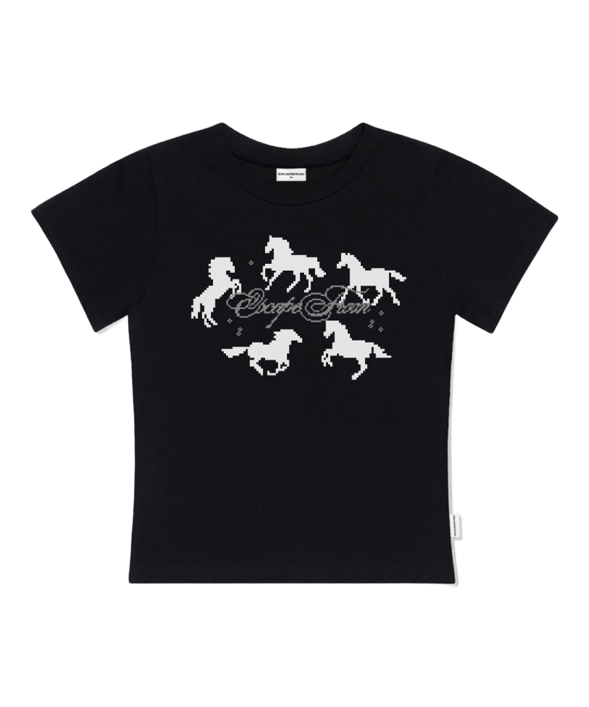 E261STS116BK Escapefrom Around Horse Print Slim Fit T-Shirt Black