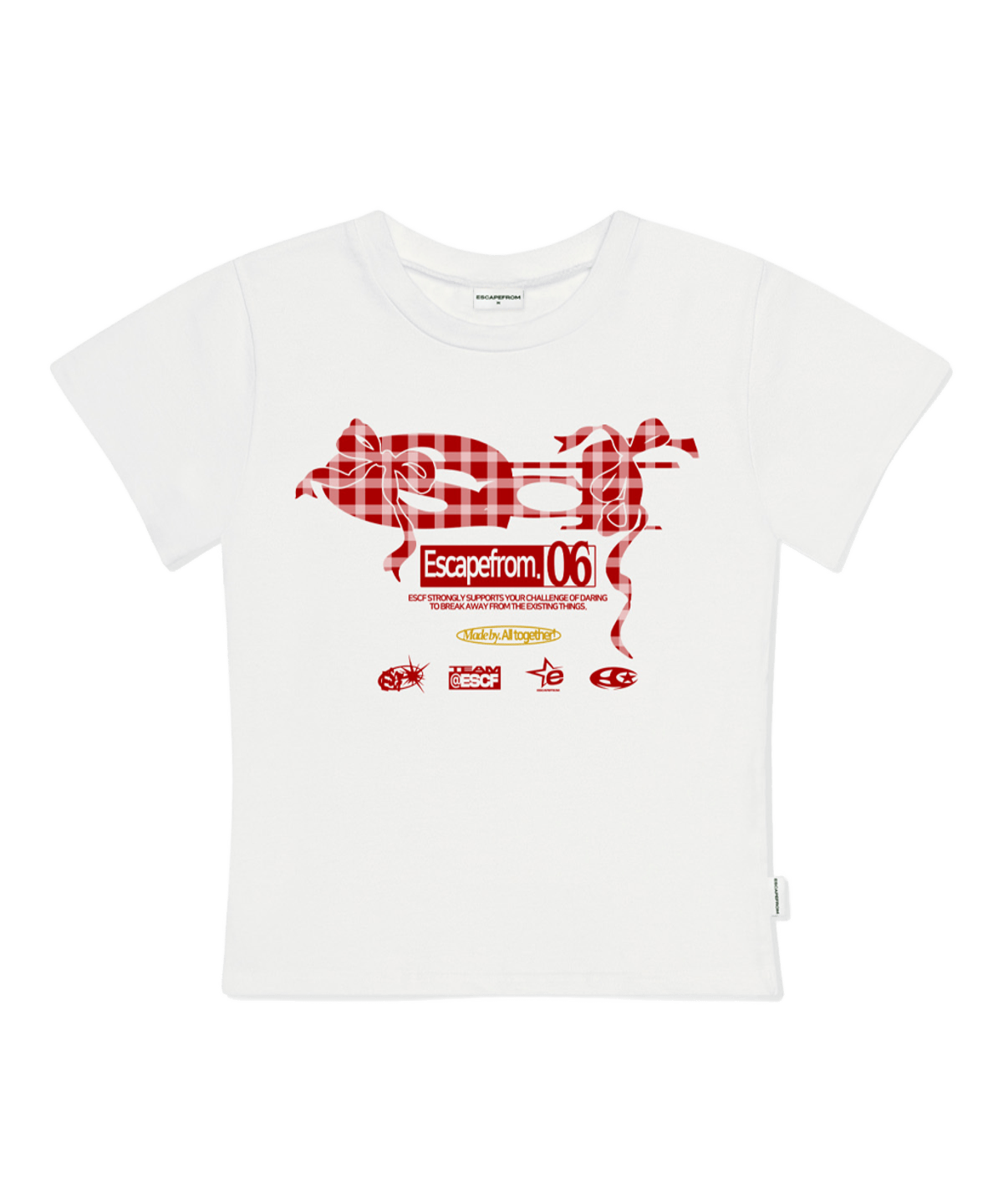 E261STS079IV Escapefrom Check Ribbon ESCF Logo Collage Print Slim Fit T-Shirt Ivory
