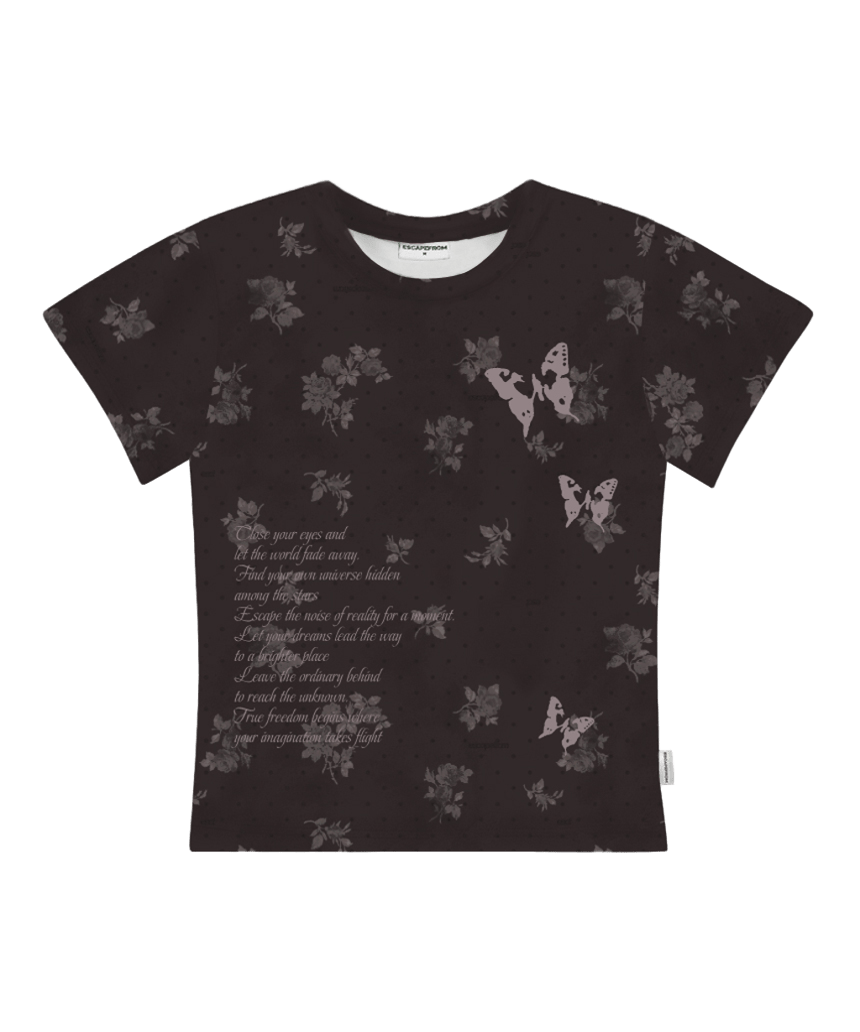 E261STS055RR Escapefrom Butterfly Stamp Dusty Flower All-Over Print Slim Fit T-Shirt Brown