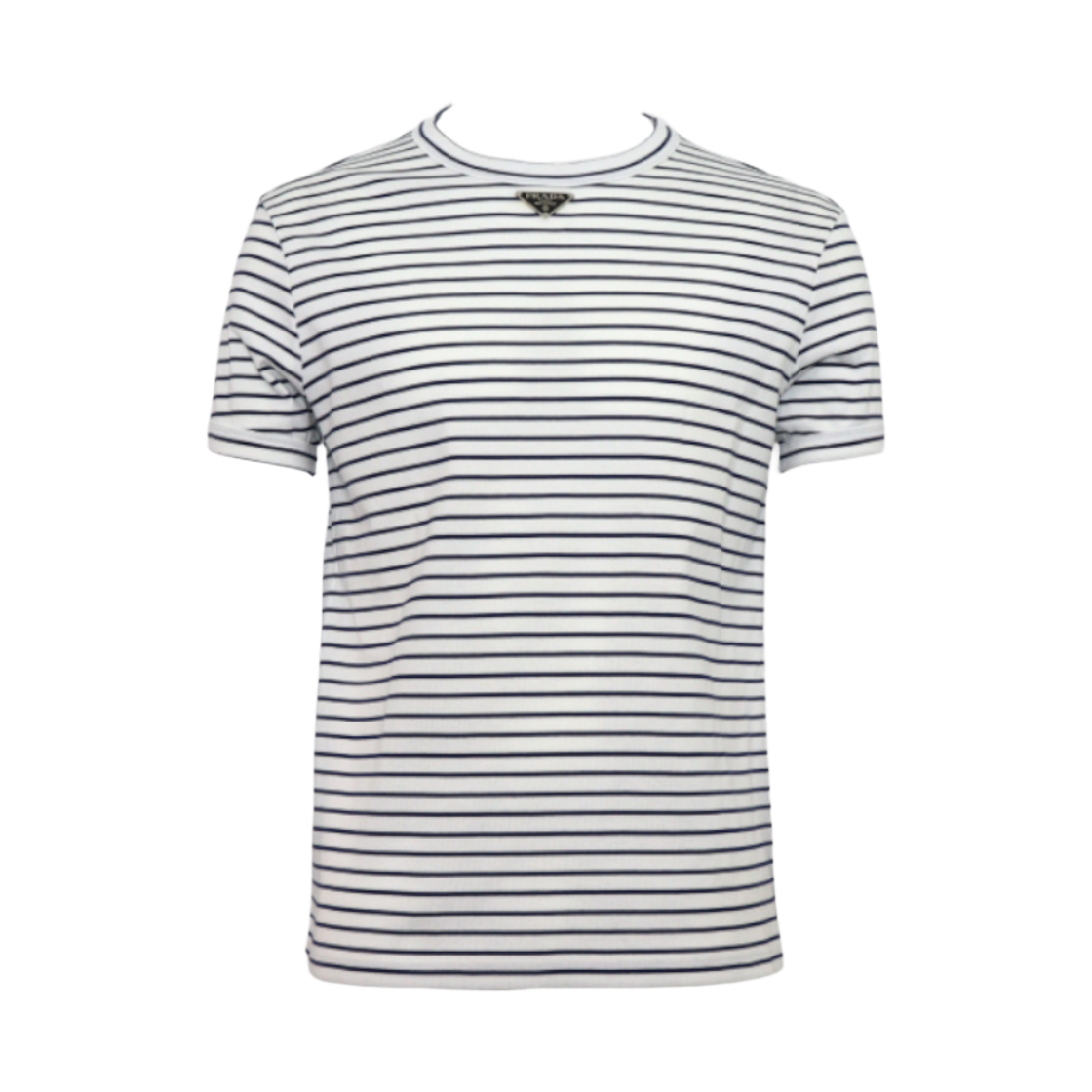 ITQSJJ9LHCDV Prada UJN824 White Cotton Stripe Silver Triangle Logo Unisex T-Shirt