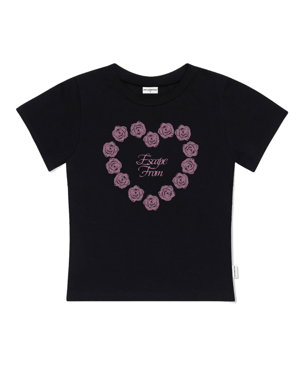 E261STS101BK Escapefrom Rose Heart Print Slim Fit T-Shirt Black