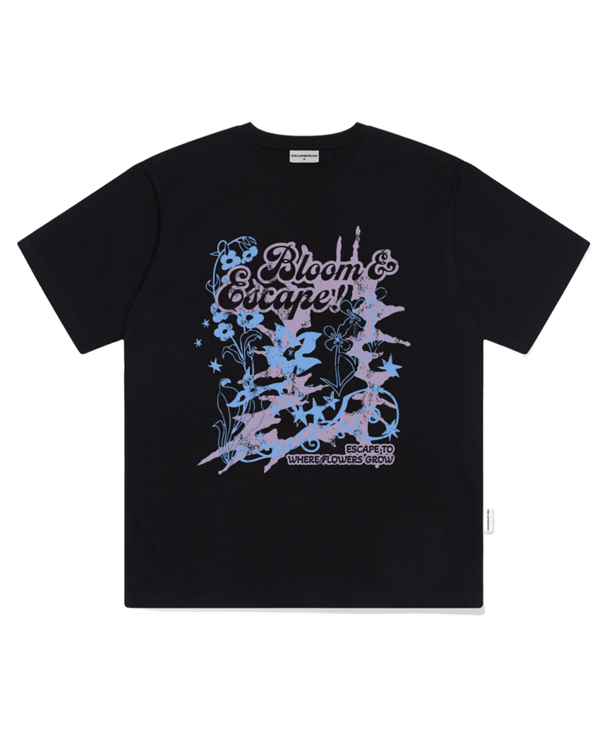 E261OTS128BK Escapefrom Bloom Print Oversized T-Shirt Black