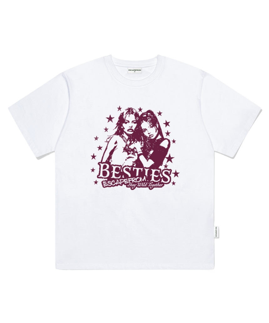 E261OTS121WH Escapefrom Bestie Print Oversized T-Shirt White