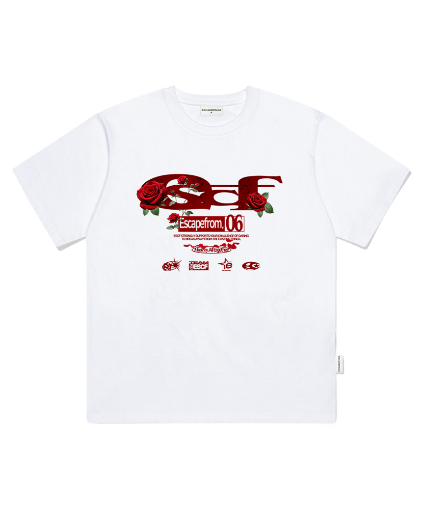 이스케이프프롬 레드 로즈 ESCF 로고콜라주 프린트 오버핏 반팔티 화이트(Escapefrom Red Rose ESCF Logo Collage Print Oversized T-Shirt White) - 1