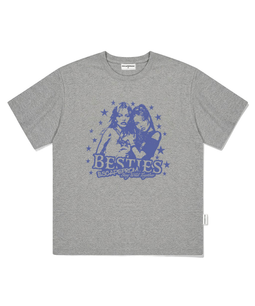 E261OTS122GR Escapefrom Bestie Print Oversized T-Shirt Gray