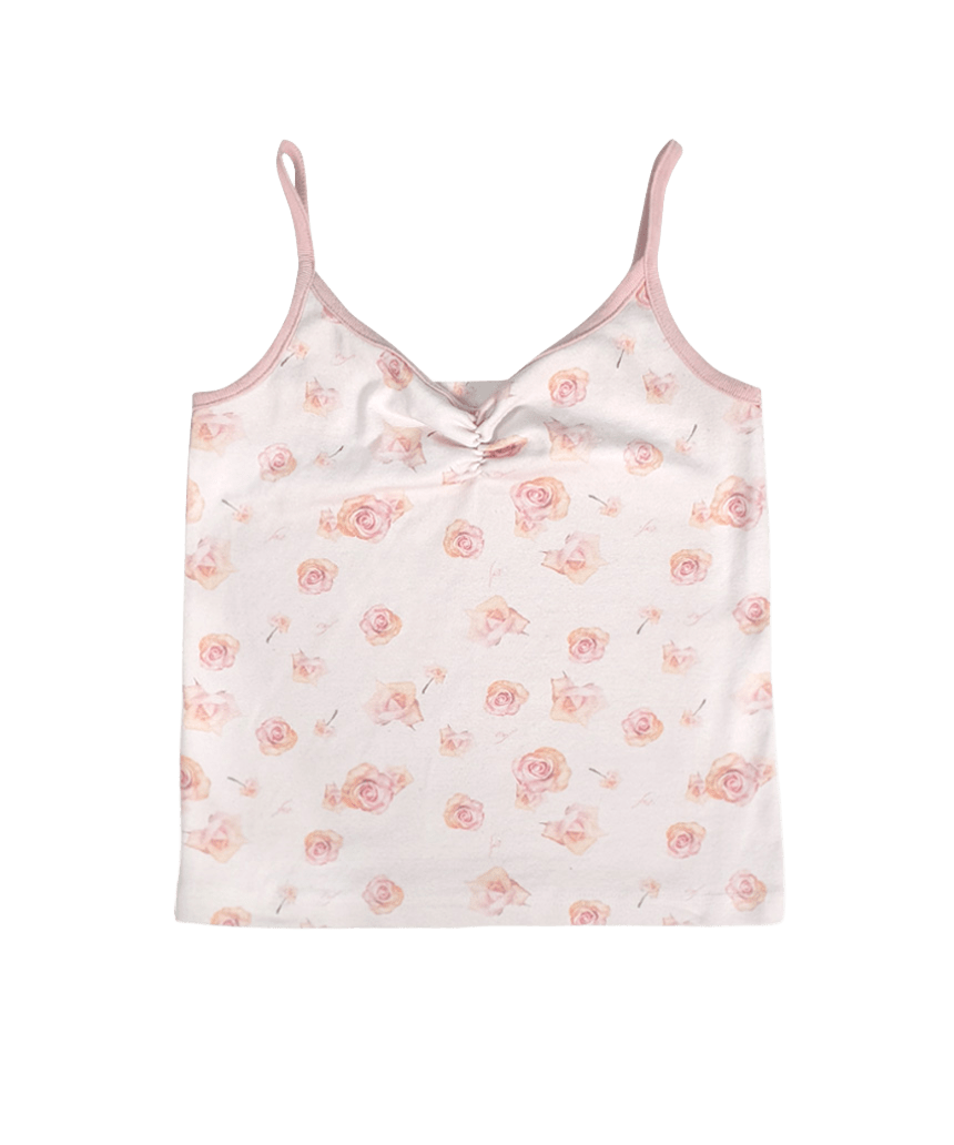 E261SL017RR Escapefrom Big Rose Bouquet All-Over Print Shirring Point Contrast Sleeveless Top Light Pink