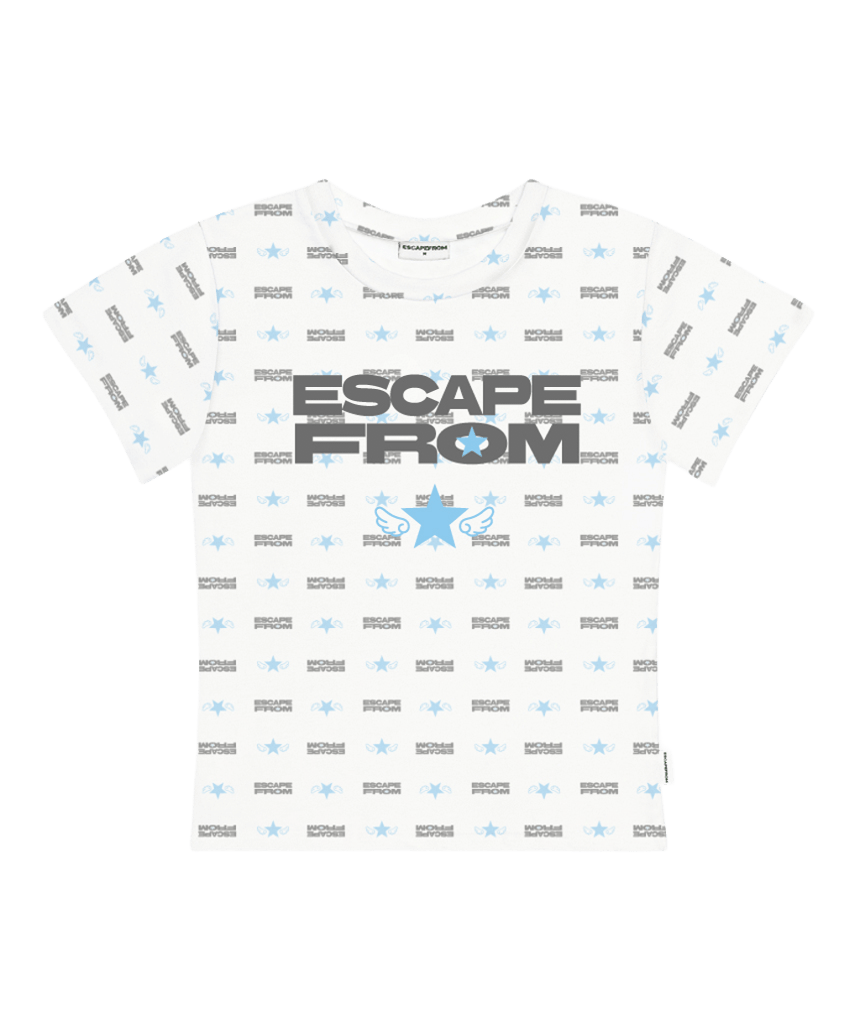 E261STS063RR Escapefrom Angel Star Typo Logo Play All-Over Print Slim Fit T-Shirt Light Blue