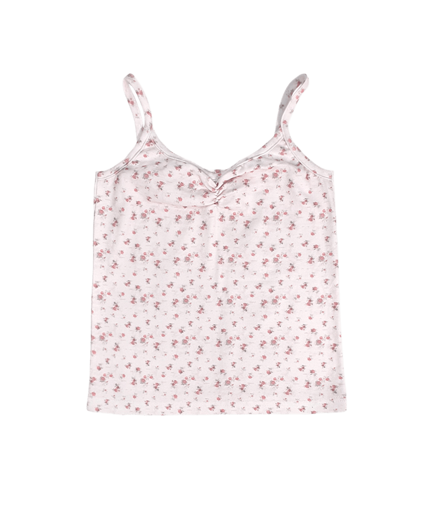 E261SL023RR Escapefrom Dusty Flower Dot All-Over Print Shirring Point Sleeveless Top Light Pink