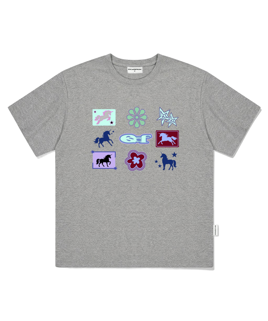 E261OTS171GR Escapefrom Unicorn Bingo Print Oversized T-Shirt Gray