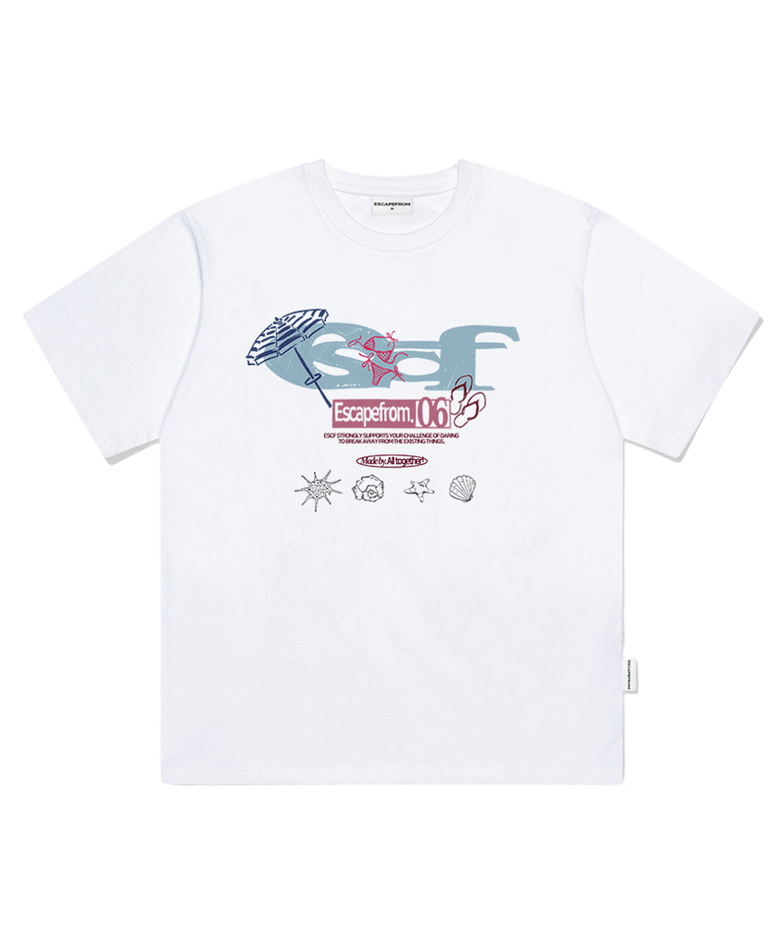 E261OTS138WH Escapefrom Summer Beach ESCF Logo Collage Print Oversized T-Shirt White
